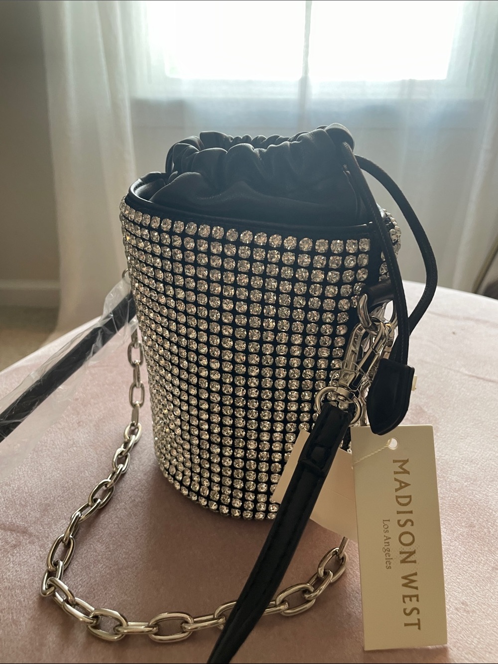 Madison West Black Crystal Bucket Mini Bag with Silver Chain + crossbody strap